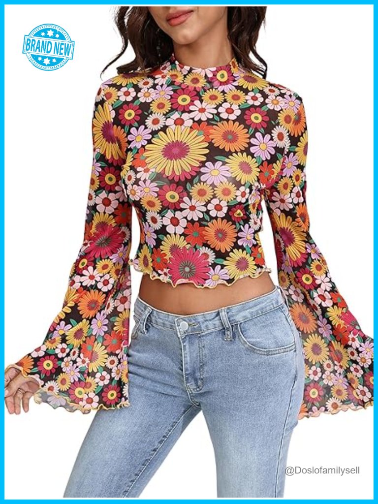 Y2k Floral 70s Sheer Mesh Long Bell Sleeve Crop Tee